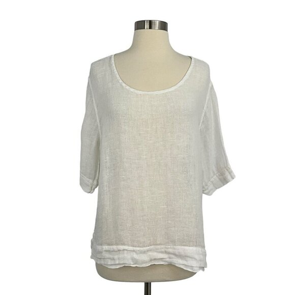Flax Tops - Flax Size L White Top 1/2 Sleeve Round Neck Gauze Lightweight Breathable
